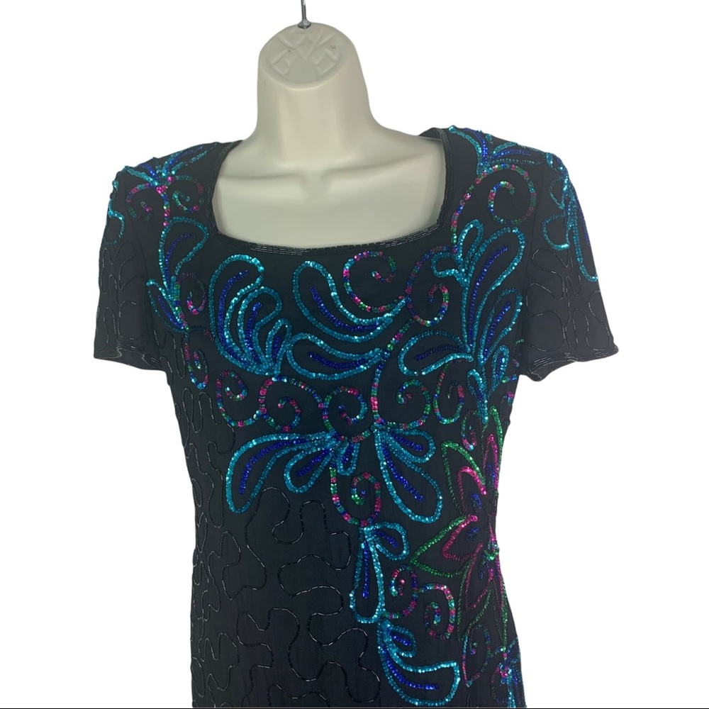 Vintage 80s Allyson Whitmore Sequin  Beaded Black Silk Statement Dress